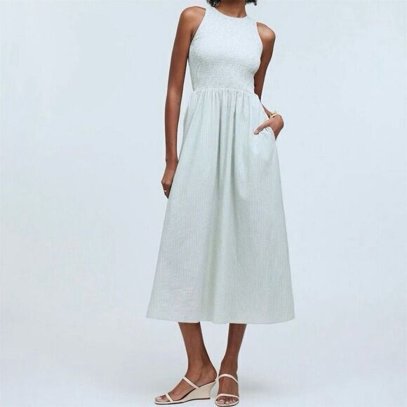 NWT Madewell Women's XXS Melody Smocked Midi Dress Pistachio Stripe Sleeveless - Picture 1 of 11